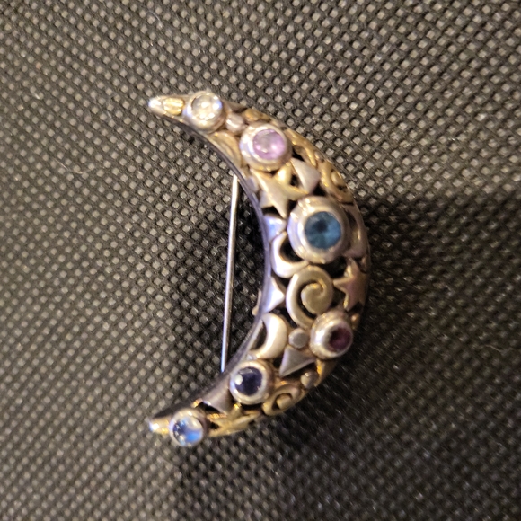 Crescent Moon & Stars Birthstone Sterling Silver Brooch - Picture 2 of 13